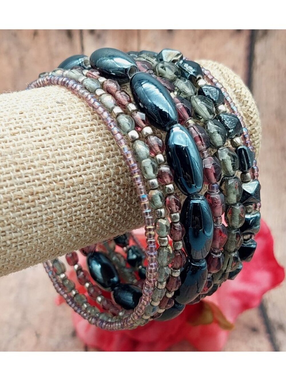 Boho Beaded Memory Wrap Bracelet Multi Strand Whimsigoth Gunmetal Bead Hippie
